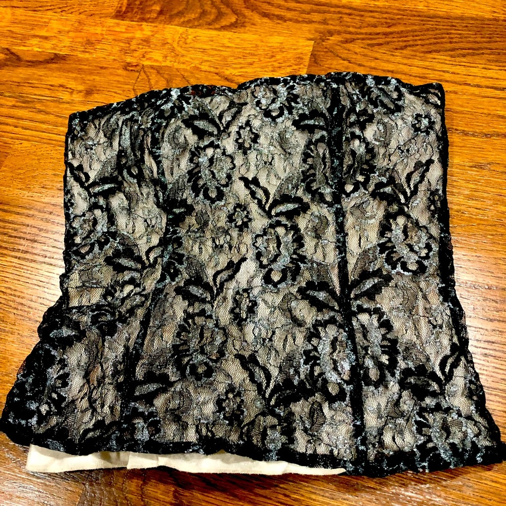 Black and cream top with silver floral lace